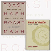 Two hardcover cookbooks by Dan Doherty featuring duck, waffle, toast hash recipes in a collection set.