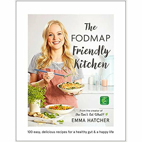 Hardcover of The FODMAP Friendly Kitchen Cookbook by Emma Hatcher with yellow cover and title text, featuring healthy food images.