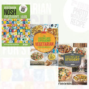Set of three vegetarian cookbooks by Joy May & Spruce, featuring recipes and tips for students and hungry cooks in mixed formats.