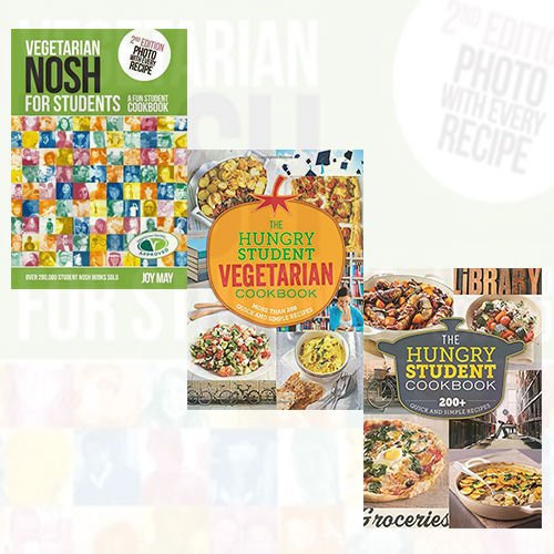 Set of three vegetarian cookbooks by Joy May & Spruce, featuring recipes and tips for students and hungry cooks in mixed formats.