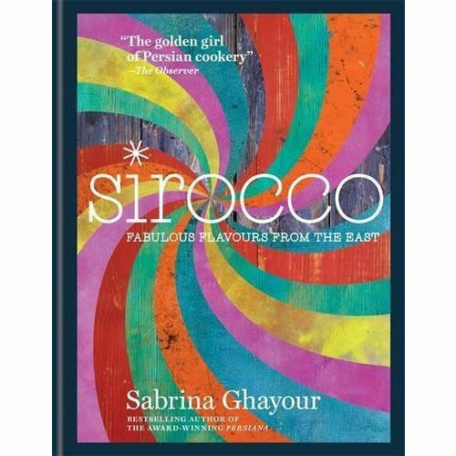 Sirocco and Pride and Pudding hardcover books by Sabrina Ghayour, featuring Middle Eastern recipes, displayed on a table.