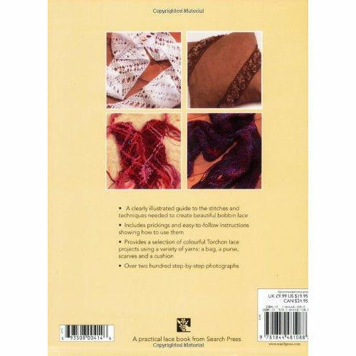 Paperback book titled "Beginner's Guide to Needlecrafts" by Gilian Dye, featuring bobbin lace, scarves, and purse projects.