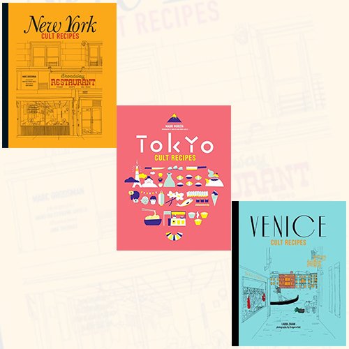 Set of three Cult Recipes paperback books by Murdoch Books featuring New York, Tokyo, and Venice culinary guides.