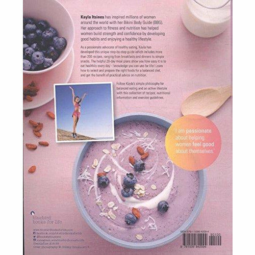 Blue paperback book titled "The Bikini Body 28-Day Healthy Eating & Lifestyle Guide" by Kayla Itsines with colorful cover art.