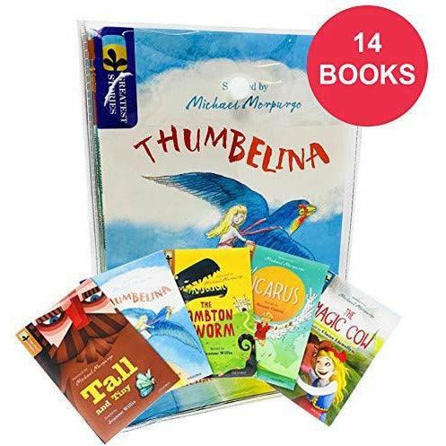 Set of 14 Oxford Reading Tree Greatest Stories books selected by Michael Morpurgo for ages 7+ with colorful cover illustrations.