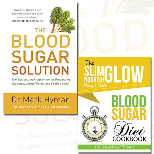 Set of two paperback books on blood sugar management and diet by Mark Hyman and Cook Vitality, featuring health tips and recipes.