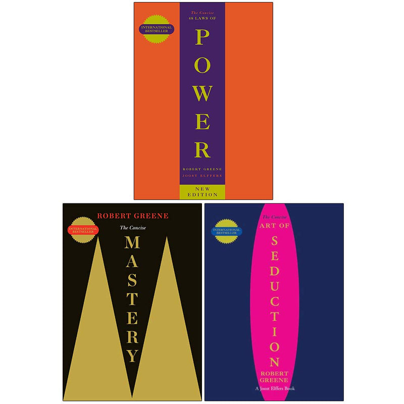 Three paperback books by Robert Greene, including Mastery, The Art of Seduction, and The 48 Laws of Power, displayed together.