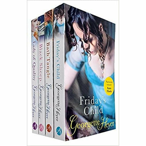 Collection of four paperback fiction novels by Georgette Heyer, including Lady of Quality and Bath Tangle, published by Arrow Books.
