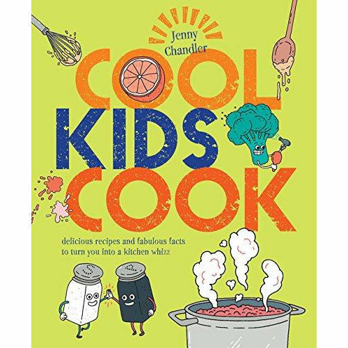 Cover of "Cool Kids Cook" book by The Book Bundle, featuring colorful illustrations of young chefs and kitchen tools.