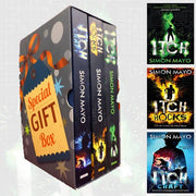 The Itch Series 3 Books Collection Set by Simon Mayo, young adult paperback Corgi Children's edition, featuring colorful book covers.