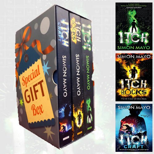 The Itch Series 3 Books Collection Set by Simon Mayo, young adult paperback Corgi Children's edition, featuring colorful book covers.
