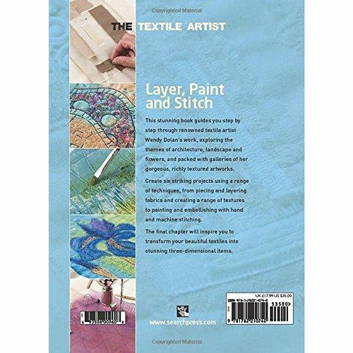 Paperback book titled "Layer, Paint and Stitch" by Wendy Dolan, featuring textile art and freehand machine embroidery techniques.