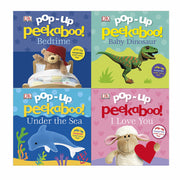 DK Pop-Up Peekaboo! 4-book collection set featuring Under The Sea, Baby Dinosaur, and Bedtime with interactive, colorful pages.