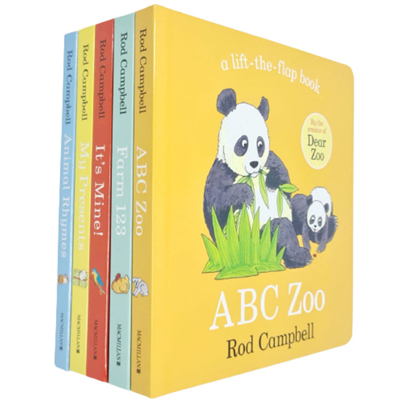 Set of five ABC Zoo and Farm-themed board books by Rod Campbell for children ages 0-2, featuring colorful animal illustrations.