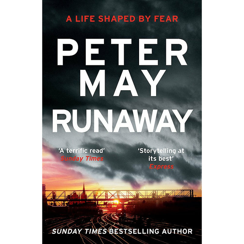 Cover image of "Runaway," a standalone novel by Peter May, featuring a dark, moody landscape with mysterious shadows.