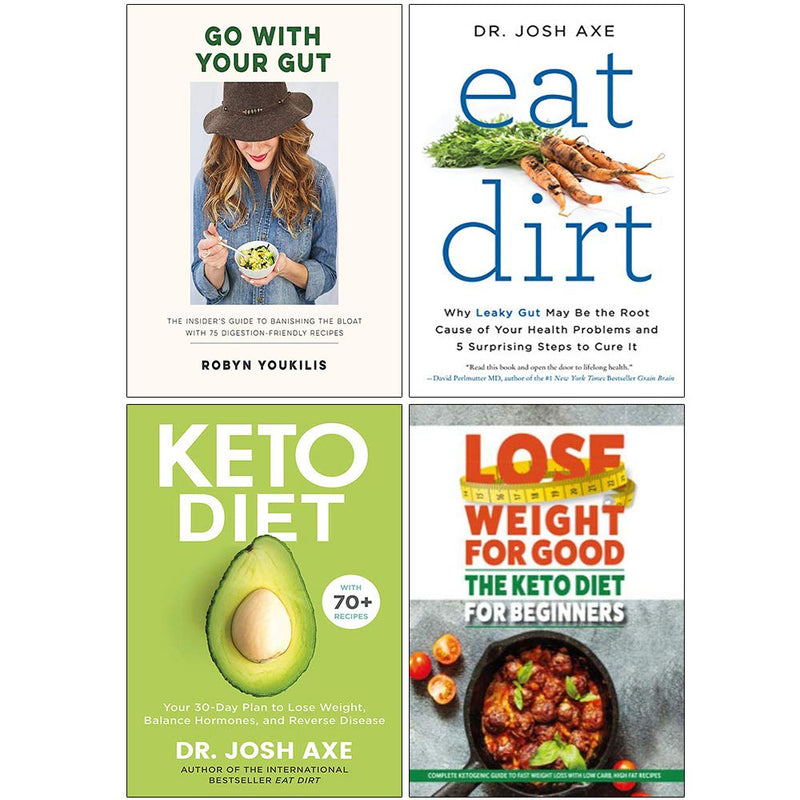 Set of four paperback keto diet books by The Book Bundle, including "Go With Your Gut" and "Eat Dirt" for beginners.