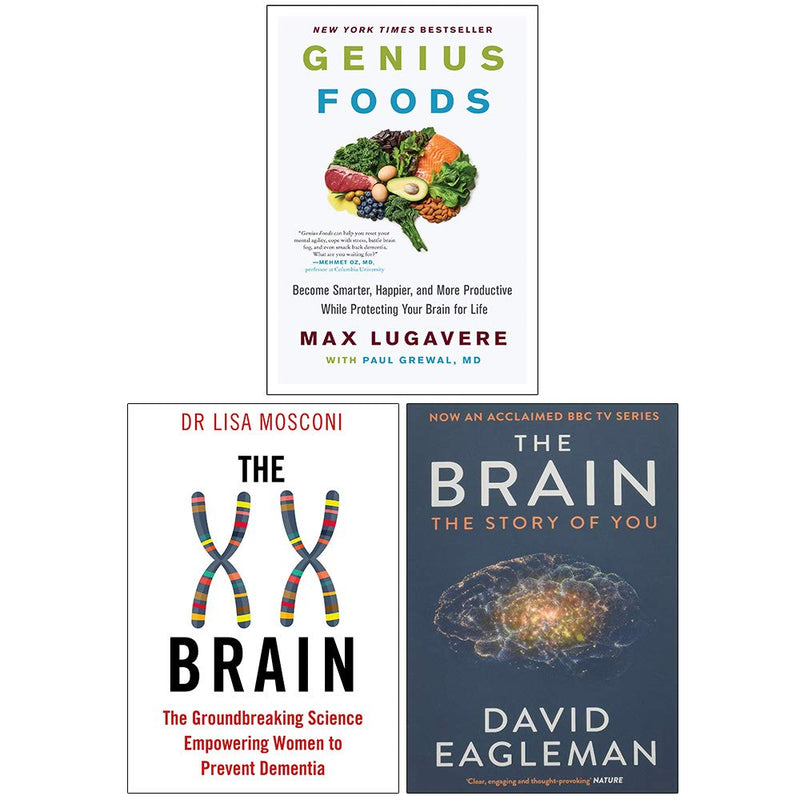 Set of three nonfiction books by Max Lugavere including "Genius Foods," "The XX Brain," and "The Brain: The Story of You" in mixed formats.