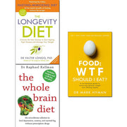 Set of three paperback books on longevity diet, brain health, and nutrition by Dr. Kellman, Dr. Longo, and Mark Hyman, featuring colorful covers.