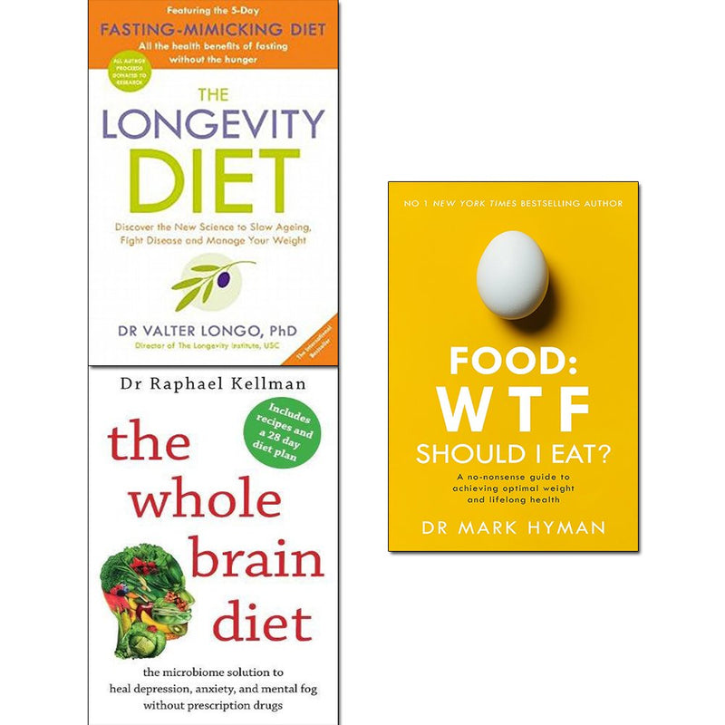 Set of three paperback books on longevity diet, brain health, and nutrition by Dr. Kellman, Dr. Longo, and Mark Hyman, featuring colorful covers.