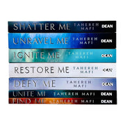 Shatter Me series 7-book collection set by Tahereh Mafi, featuring books with covers in a mix of vibrant and dark colors.