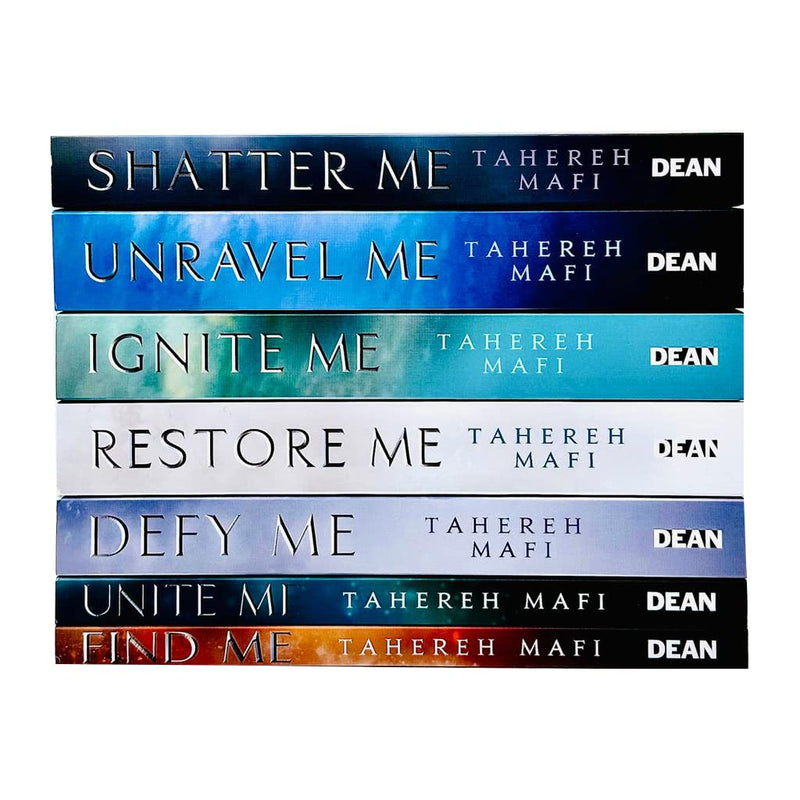 Shatter Me series 7-book collection set by Tahereh Mafi, featuring books with covers in a mix of vibrant and dark colors.