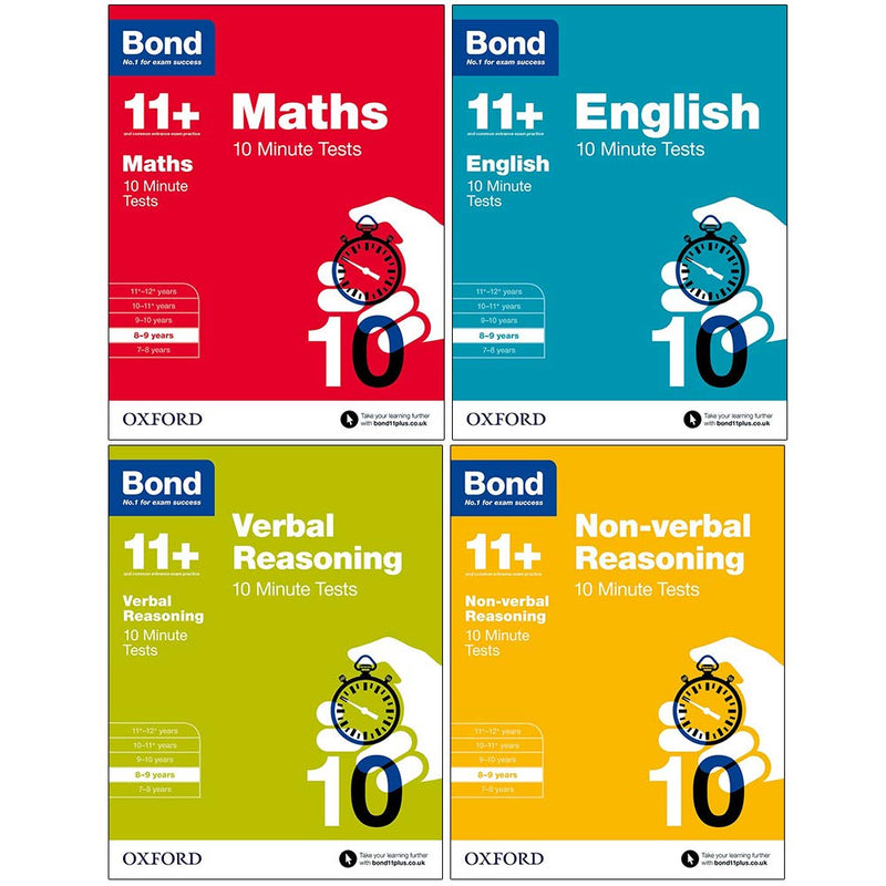 Bond 11+ four-book collection set for ages 8-9, includes maths, English, verbal and non-verbal reasoning, paperback by OUP Oxford.