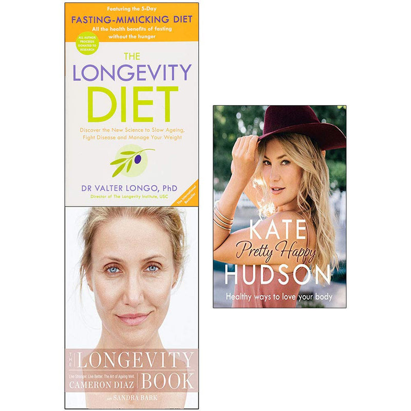Set of three paperback books by The Book Bundle, including Longevity Diet and Pretty Happy, featuring non-fiction health and wellness topics.