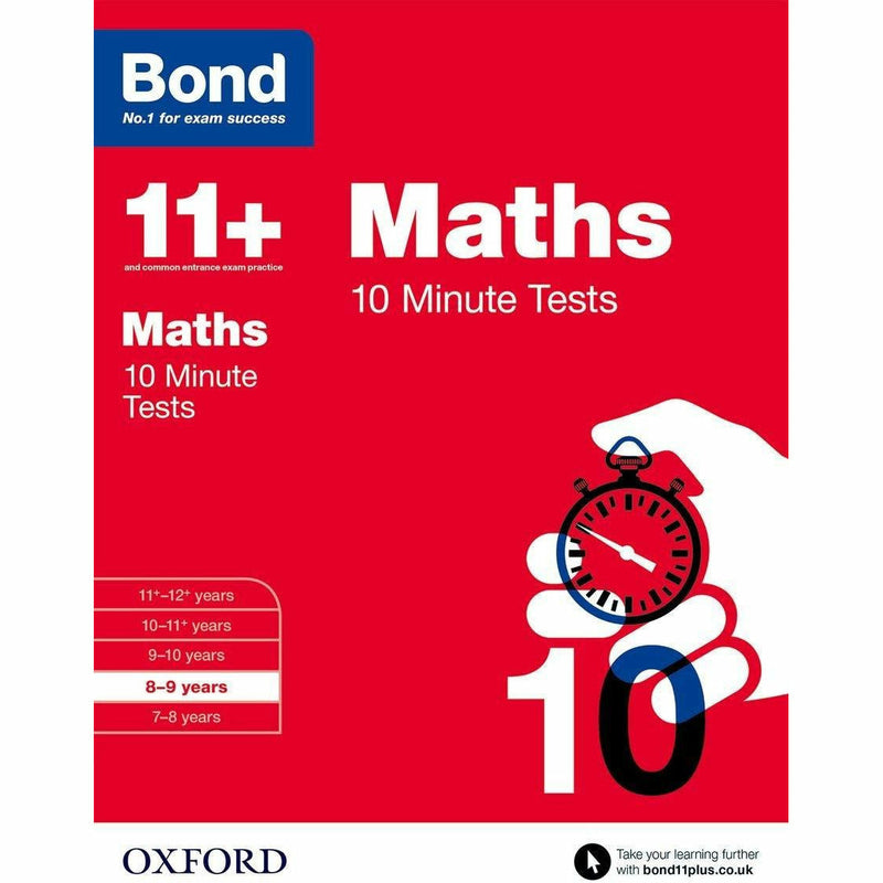 Bond 11+ 4-book collection set by OUP Oxford featuring maths, English, verbal and non-verbal reasoning for ages 8-9, paperback.