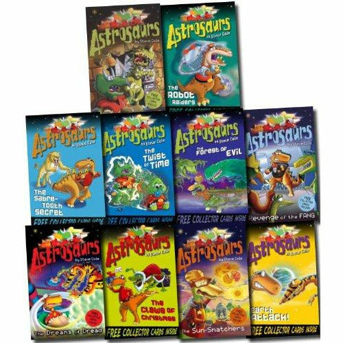 Astrosaurs Series Collection books 11–20 by Steve Cole, paperback set featuring colorful dinosaur characters and adventure covers.