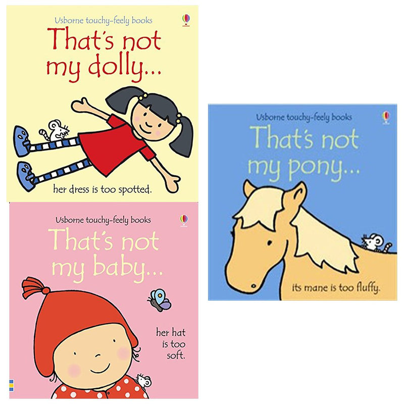 That's Not My Touchy-Feely 3 Books Collection set by Fiona Watt, Usborne Publishing, featuring colorful tactile board books for ages 0-2.