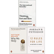 Three paperback non-fiction books including Thinking, Fast and Slow, Why We Sleep, and 12 Rules for Life by Penguin brand authors.