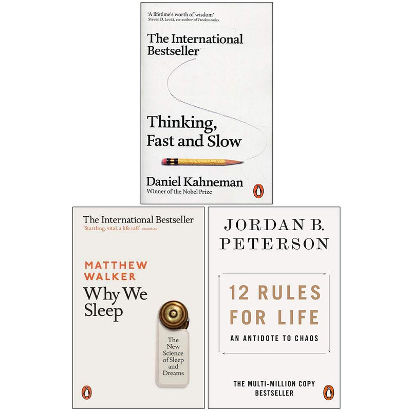 Three paperback non-fiction books including Thinking, Fast and Slow, Why We Sleep, and 12 Rules for Life by Penguin brand authors.