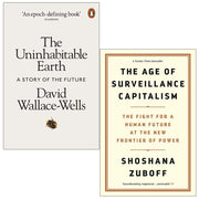 Two paperback books from the Penguin collection: "The Uninhabitable Earth" and "The Age of Surveillance Capitalism" by David Wallace-Wells.