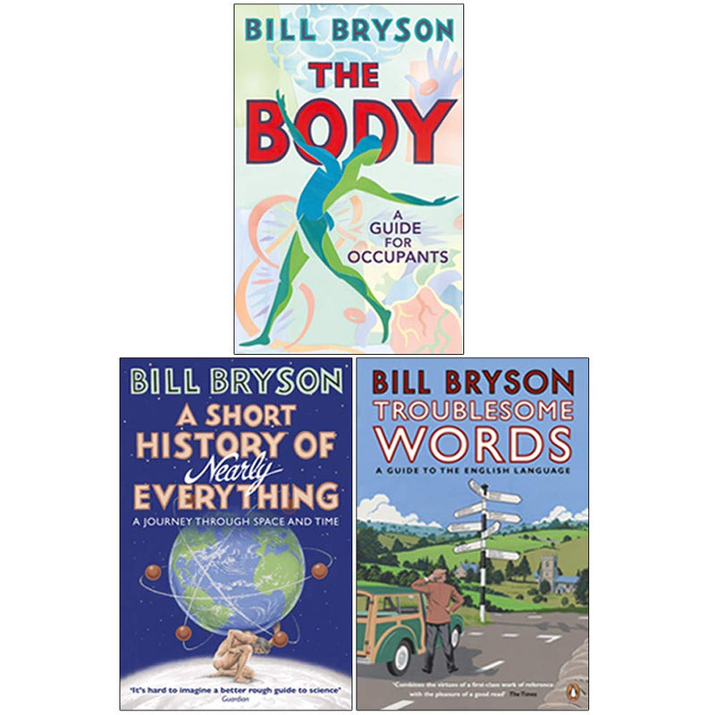 Bill Bryson 3-book collection set including The Body, A Short History of Nearly Everything, and Troublesome Words, published by Doubleday.