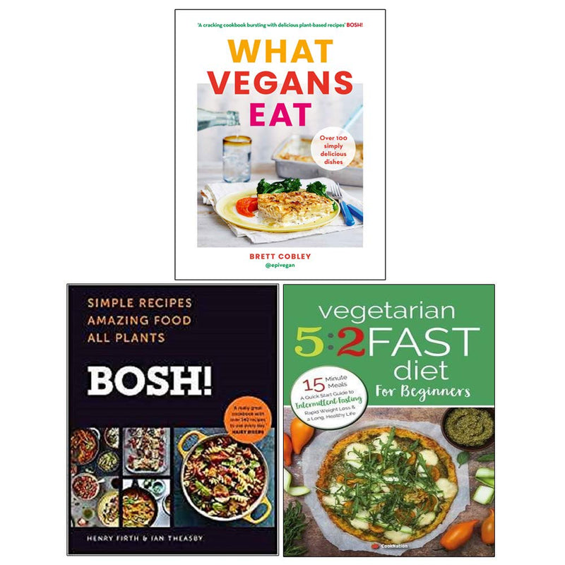 Set of three vegan recipe books by Bosh! featuring plant-based dishes, colorful pages, and engaging food photography.