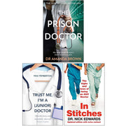 Set of three non-fiction paperback books by Dr. Amanda Brown, "The Prison Doctor," "Trust Me I'm a Junior Doctor," and "In Stitches."