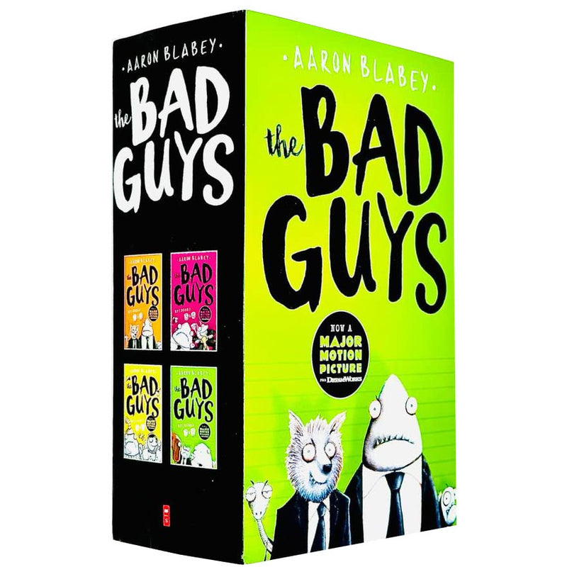 Four-book set of The Bad Guys Episodes 1-8 by Aaron Blabey, published by Scholastic, featuring colorful book covers.