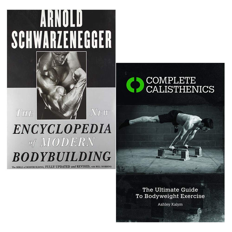 Complete calisthenics and bodybuilding books set by Ashley Kalym and Arnold Schwarzenegger, paperback editions with fitness instructions.