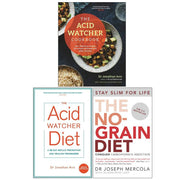 Set of three paperback non-fiction books including The Acid Watcher Cookbook, The Acid Watcher Diet, and The No-Grain Diet by Aviv and Mercola.