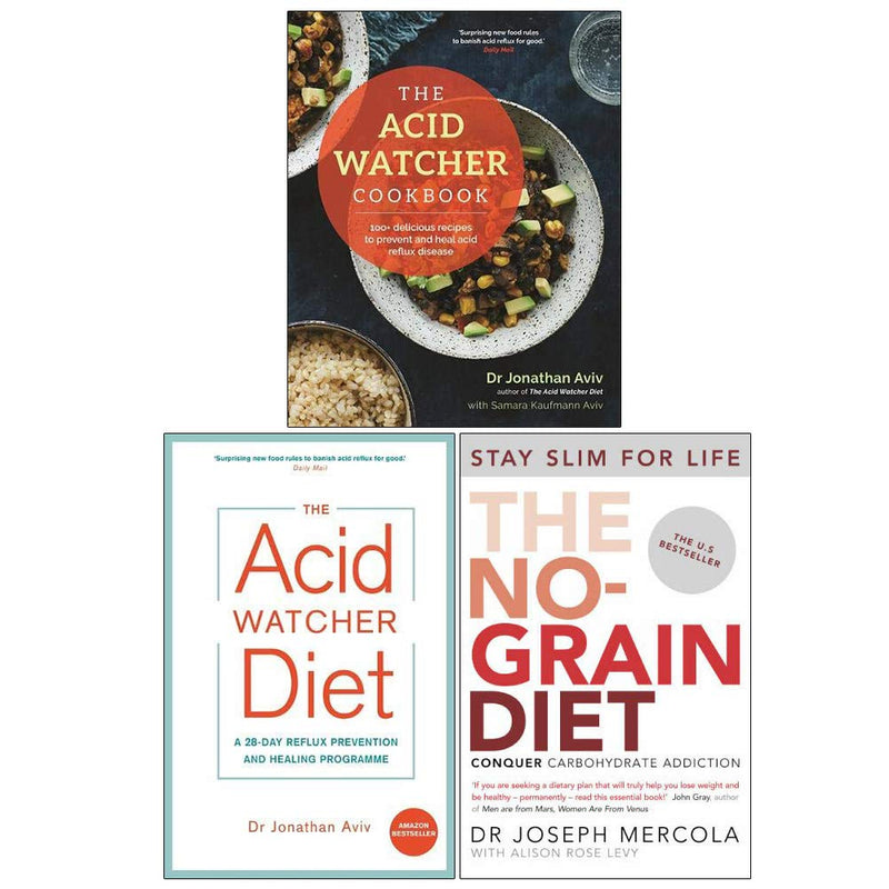 Set of three paperback non-fiction books including The Acid Watcher Cookbook, The Acid Watcher Diet, and The No-Grain Diet by Aviv and Mercola.
