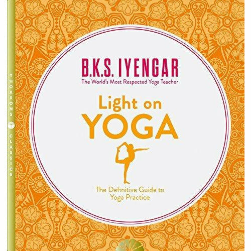 Collection of three yoga books by B. K. S. Iyengar, including The Tree of Yoga, Light on Yoga, and Light on Pranayama with book covers.