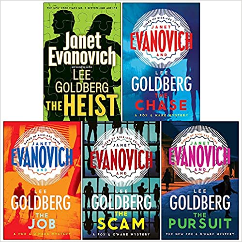 Set of five Janet Evanovich Fox and O’Hare series books, featuring colorful covers and new paperback editions.
