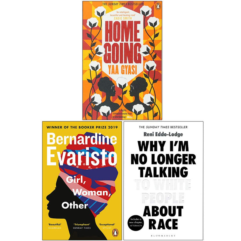 Set of three paperback fiction books including "Homegoing" by Yaa Gyasi and works by Bernardine Evaristo, featuring diverse female characters.