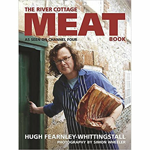 Hardcover copy of The River Cottage Meat Book by Hugh Fearnley-Whittingstall, featuring a textured cover and title text.