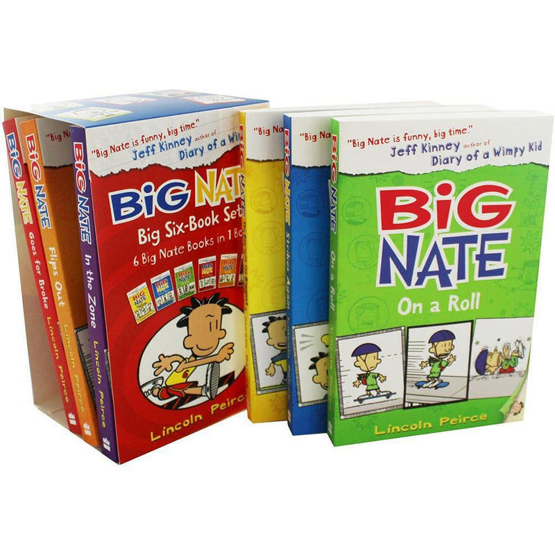 Six paperback Big Nate series books by Lincoln Peirce in a box set, featuring colorful covers and cartoon illustrations.