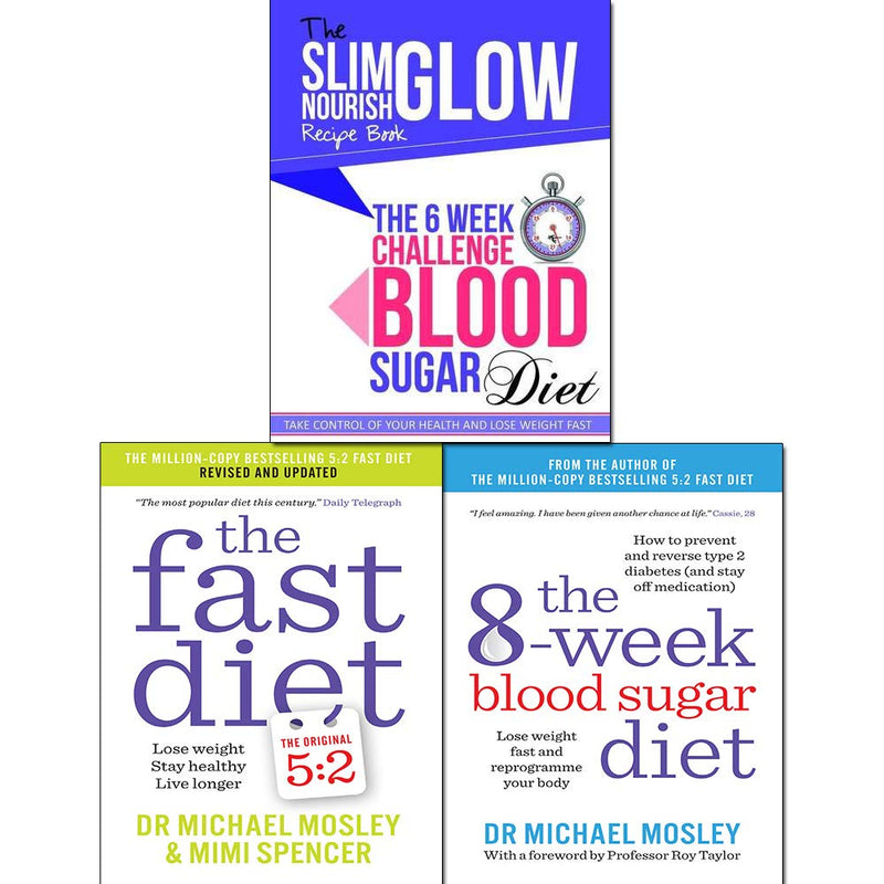 Three paperback books from the Fast 800 Series by Michael Mosley and Mimi Spencer, featuring health and nutrition tips.