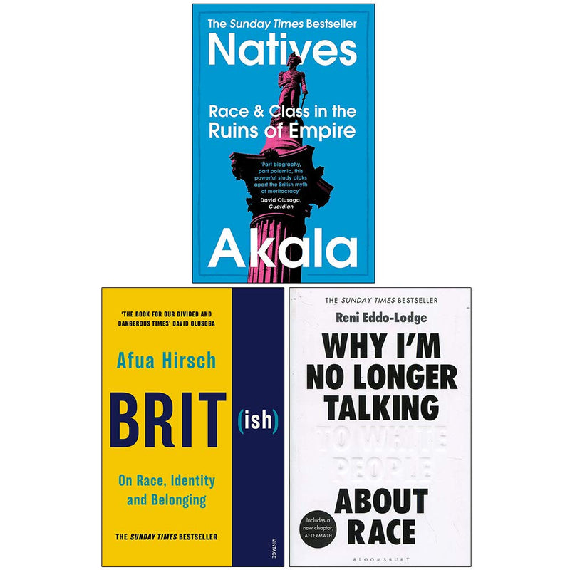 Set of three paperback books by Akala, Afua Hirsch, and Reni Eddo-Lodge on race, identity, and belonging from Natives collection.