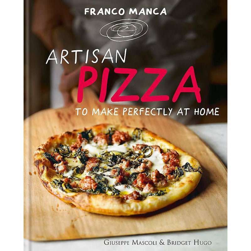 Hardcover book titled "Franco Manca: Artisan Pizza to Make Perfectly at Home" by Giuseppe Mascoli & Bridget Hugo, with a pizza image on the cover.