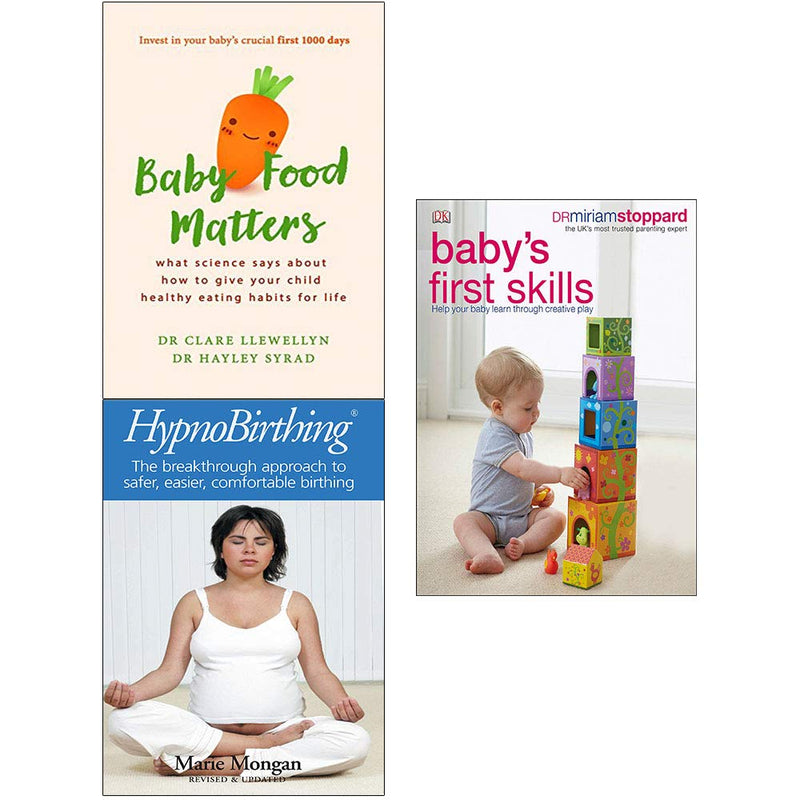 Set of three paperback non-fiction books on baby skills, food, and hypnobirthing by Dr. Clare Llewellyn, with yellow covers.