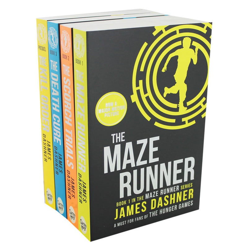 Four paperback books from The Maze Runner collection by James Dashner, featuring cover art from the Chicken House edition.